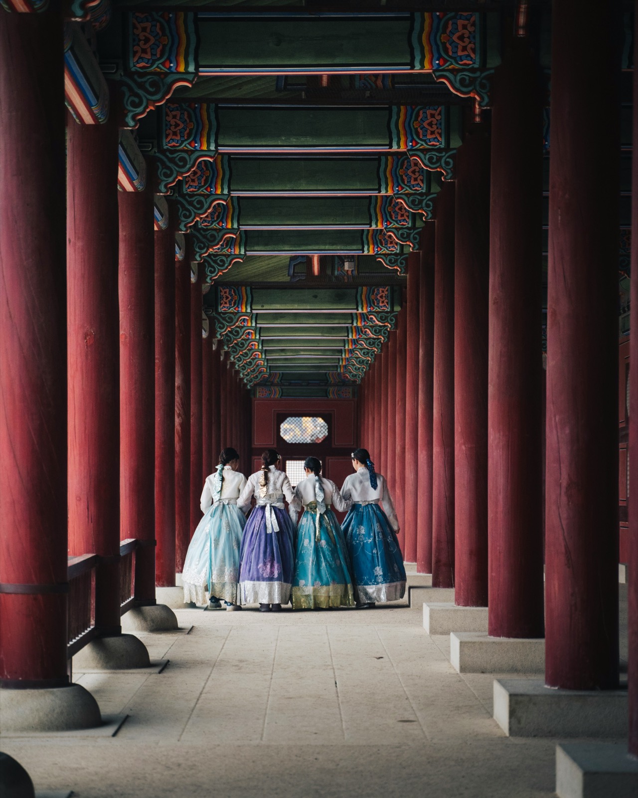 Walking through a palace corridor in Seoul