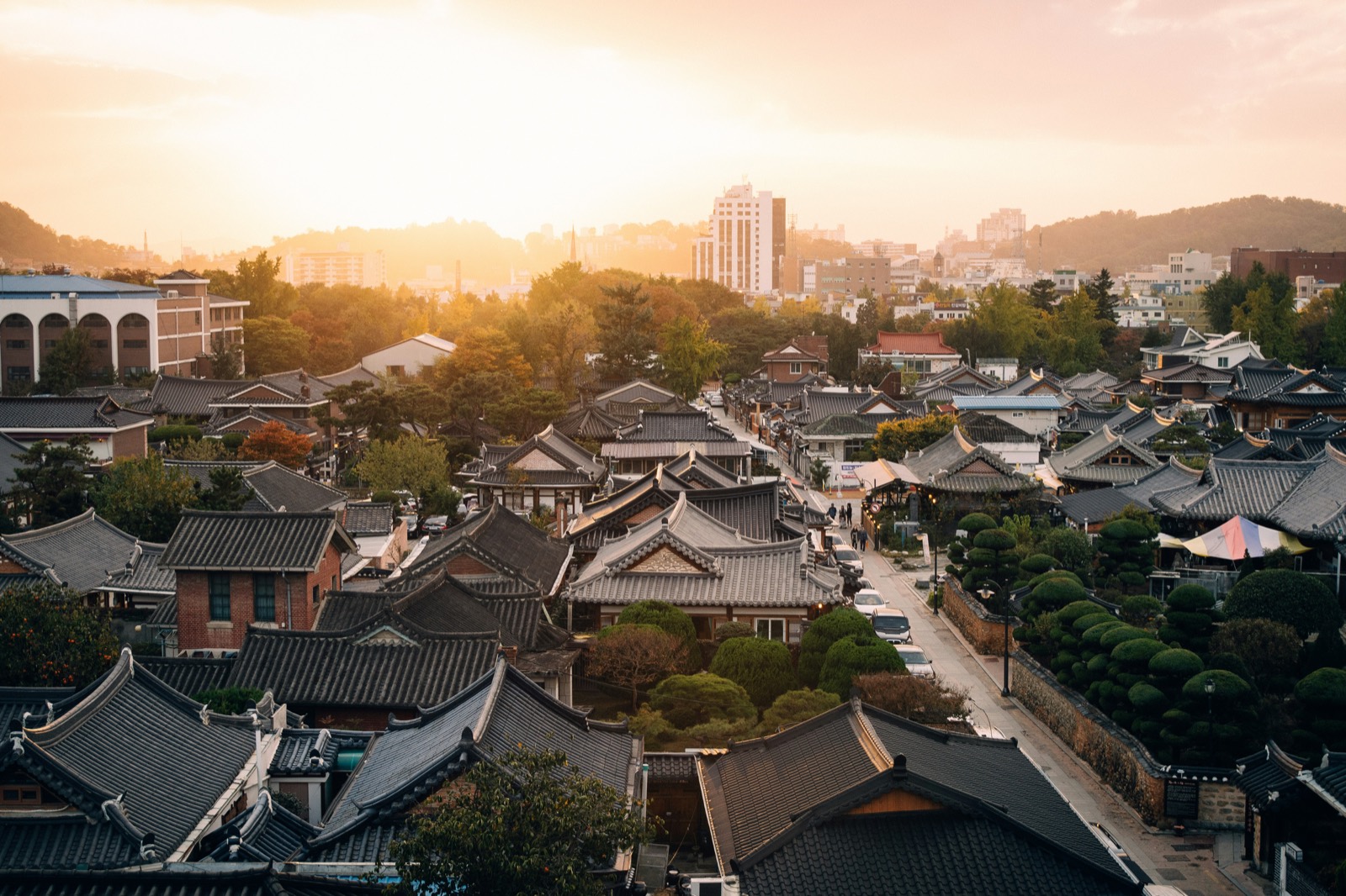 Hanok rooftops at sunset